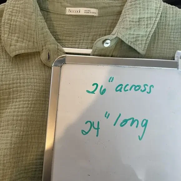 Be Cool Womens M/L Sage Green Gauze Cotton Button Front Roll Tab Oversized Top - Picture 12 of 12